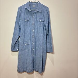 LL Bean Blue Denim Button-Up Long Sleeve Dress Women 14 Chambray Knee-Length